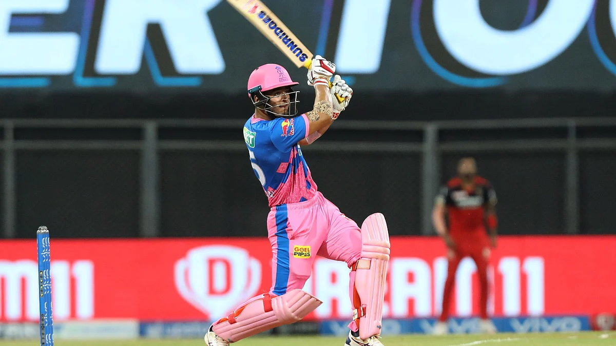 Riyan Parag batting against RCB in Mumbai.