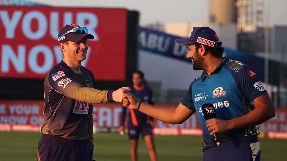 Eoin Morgan and Rohit Sharma at the toss in IPL 2020.&nbsp;