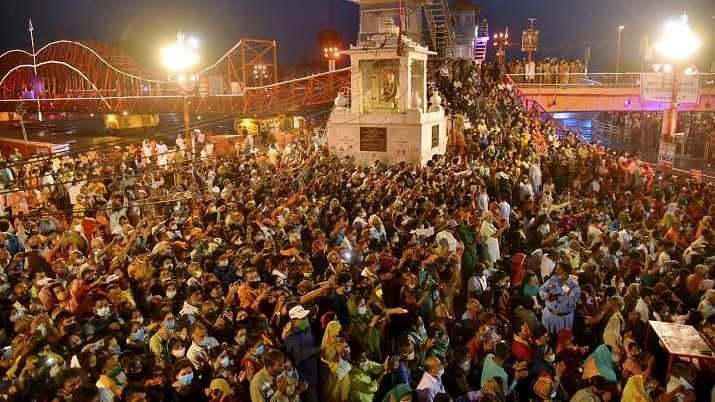 Devotees took a holy dip again at the Har ki Pauri ghat in Uttarakhand’s Haridwar on the occasion of the third ‘Shahi Snan’ .
