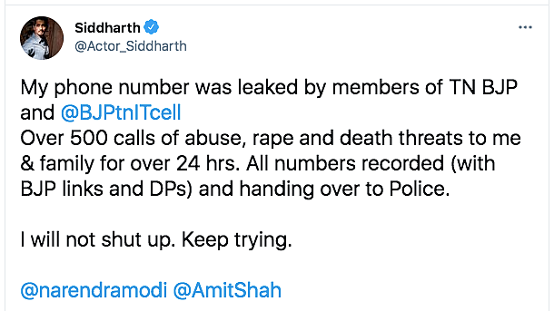 Won't Shut Up: Siddharth Alleges TN BJP Members Leaked His Number