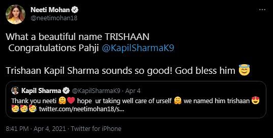 He revealed the name on Twitter after Neeti Mohan's request