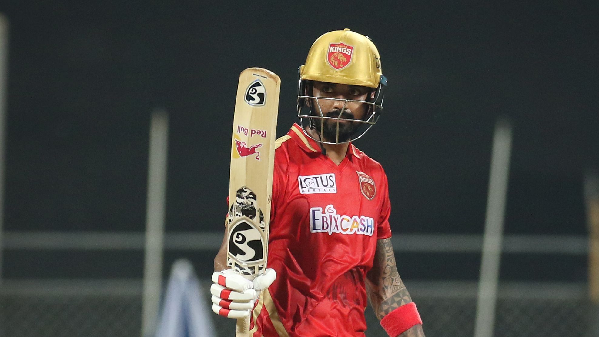 KL Rahul captain of Punjab Kings raises his bat after scoring a fifty during match 11 of the Vivo Indian Premier League 2021 between the Delhi Capitals