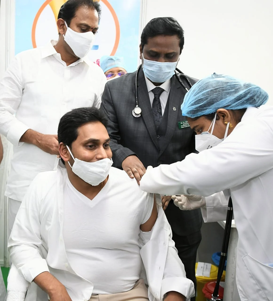 Andhra Pradesh Chief Minister YS Jagan Mohan Reddy gets the vaccine jab.