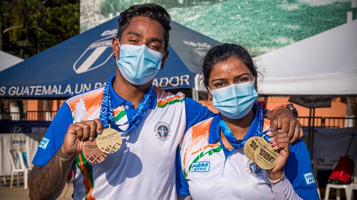 Deepika Kumari and husband Atanu Das won individual golds in the recurve women’s and men’s events respectively at the Archery World Cup Stage 1.