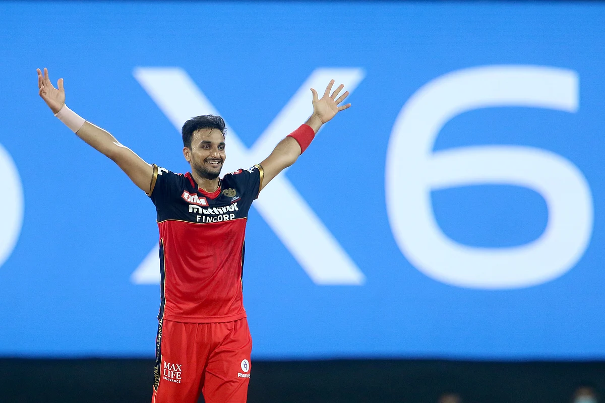 Harshal Patel of Royal Challengers Bangalore celebrates the wicket of Macro Jansen of Mumbai Indians during match 1 of the Vivo Indian Premier League 2021.