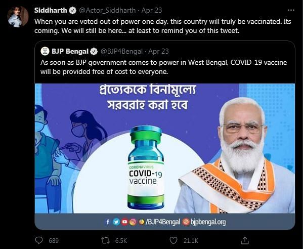 The official handle of BJP Bengal tweeted that free vaccines would be given once they win elections