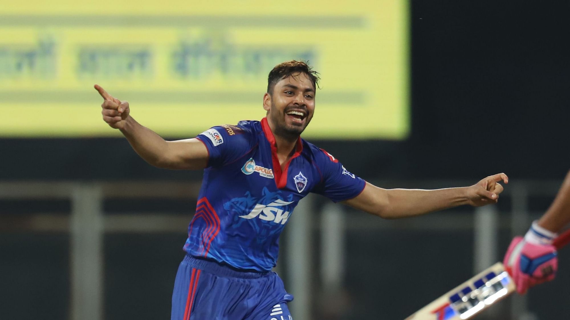 Avesh Khan of Delhi Capitals celebrates the wicket of Shivam Dube of Rajasthan Royals during match 7 of the Vivo Indian Premier League 2021.