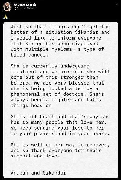 Anupam Gives Update on Wife Kirron's Battle With Multiple Myeloma
