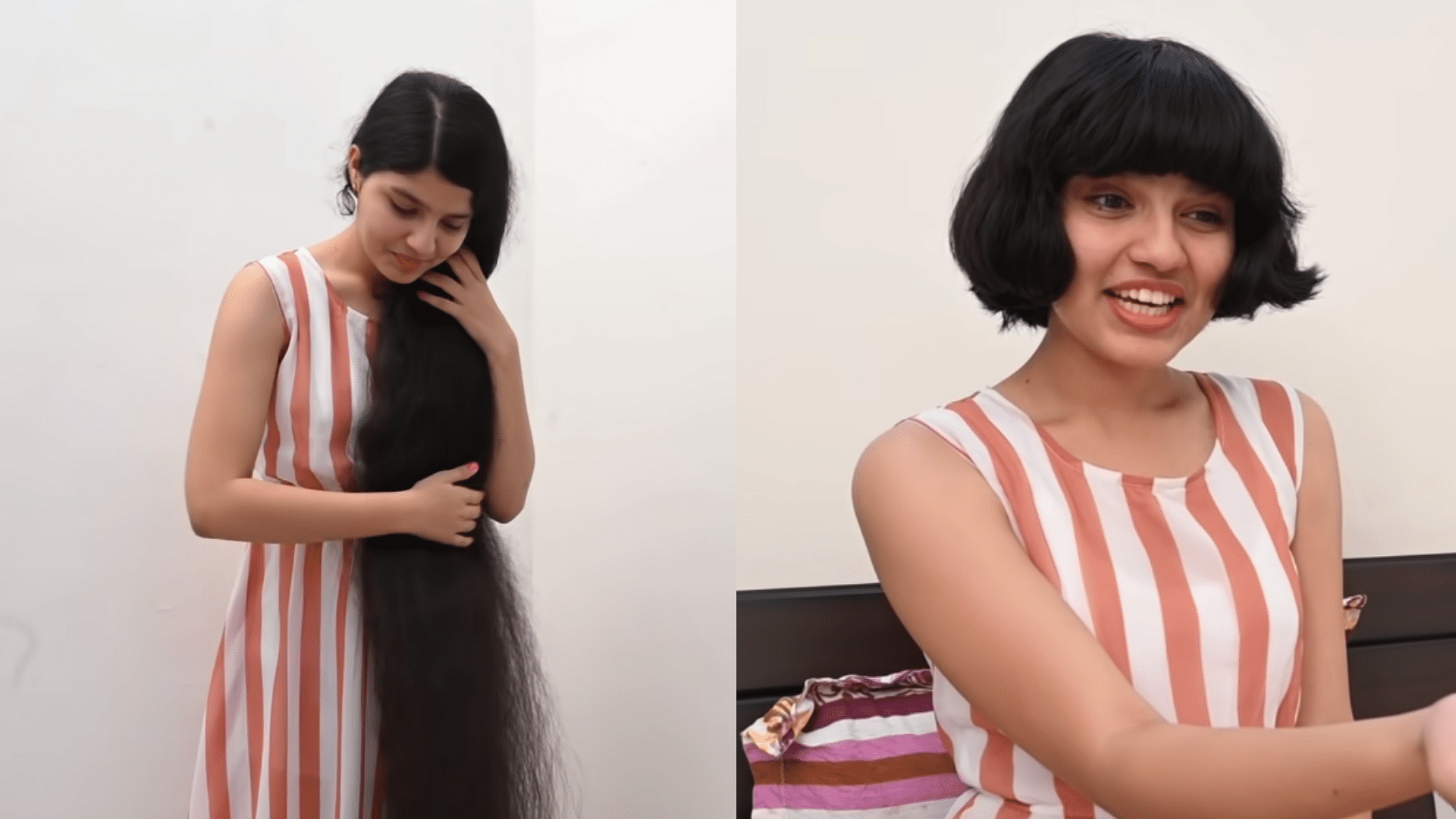 <div class="paragraphs"><p>Nilanshi Patel before and after her haircut.</p></div>