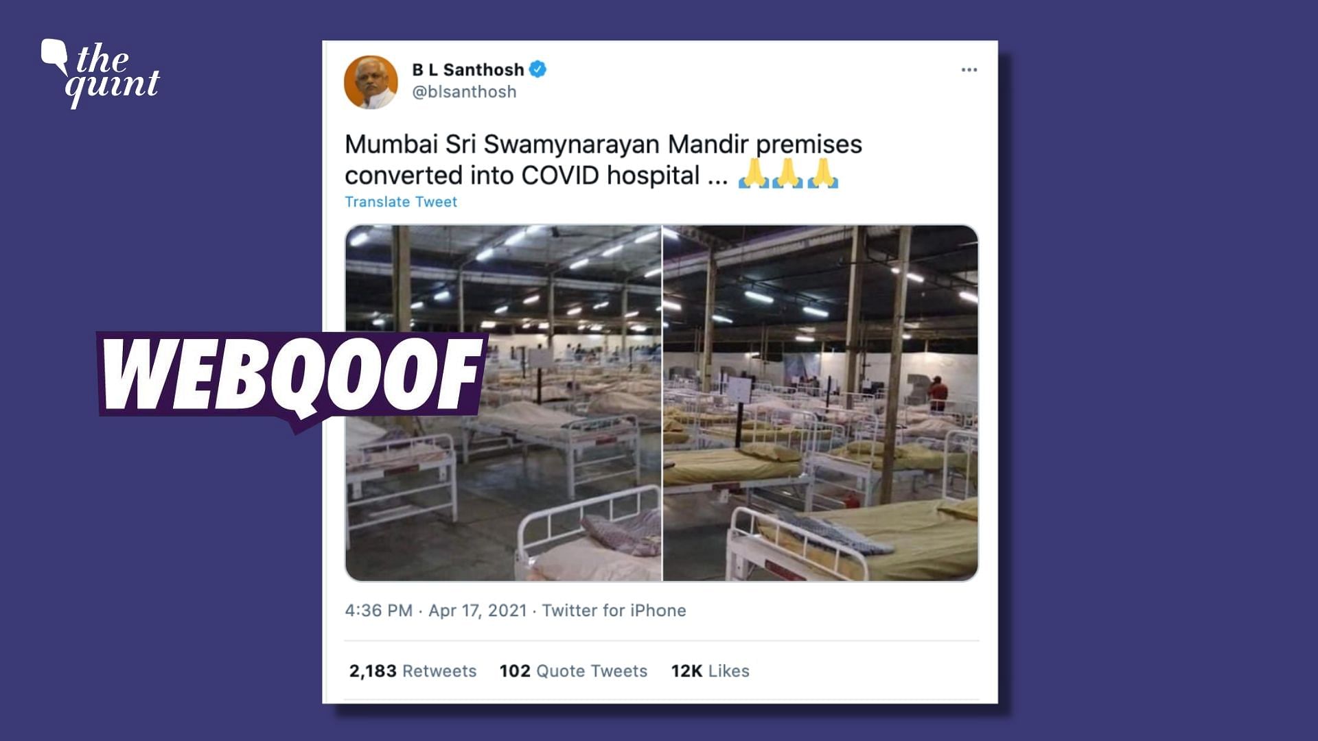 A set of images are being shared to falsely claim that they show premises of Shri Swaminarayan temple being converted to a <a href="https://www.thequint.com/topic/coronavirus">COVID-19</a> facility in Mumbai.
