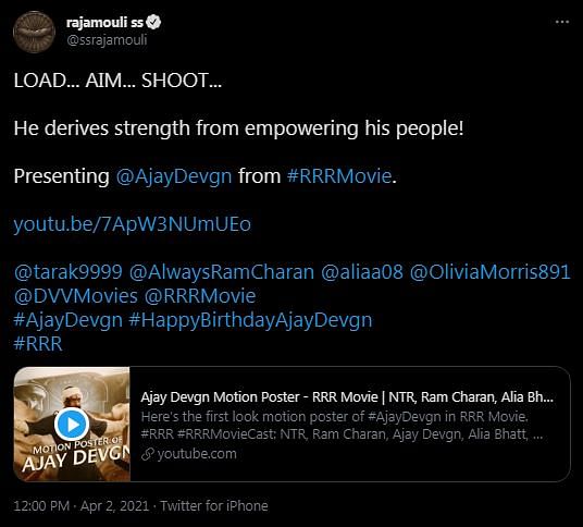 'He derives strength from empowering his people,' director SS Rajamouli tweeted