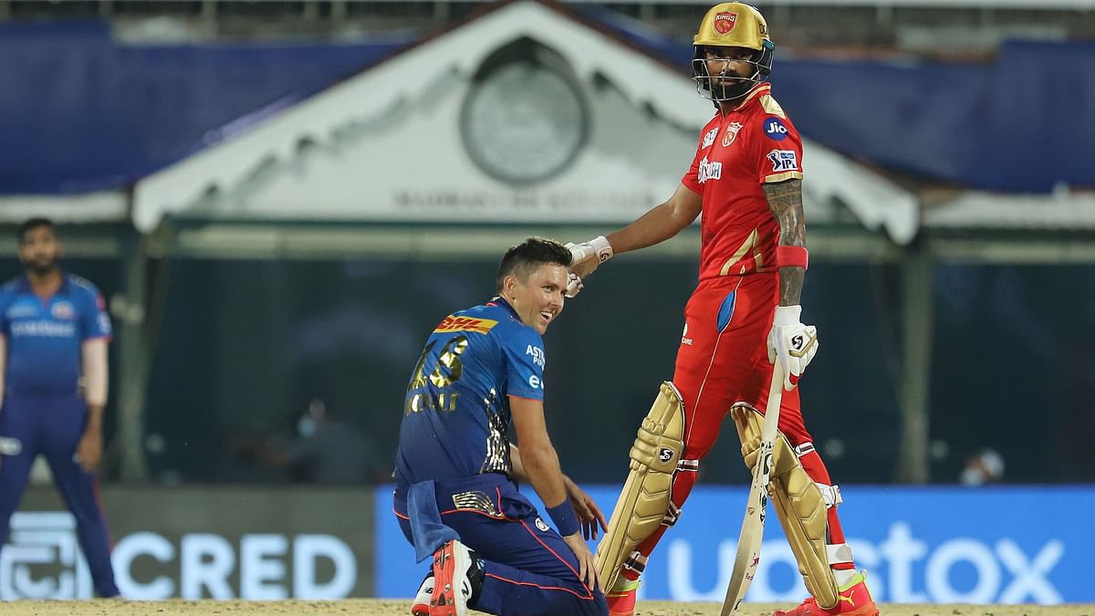 KL Rahul watches on after hitting a boundary off Trent Boult&nbsp;