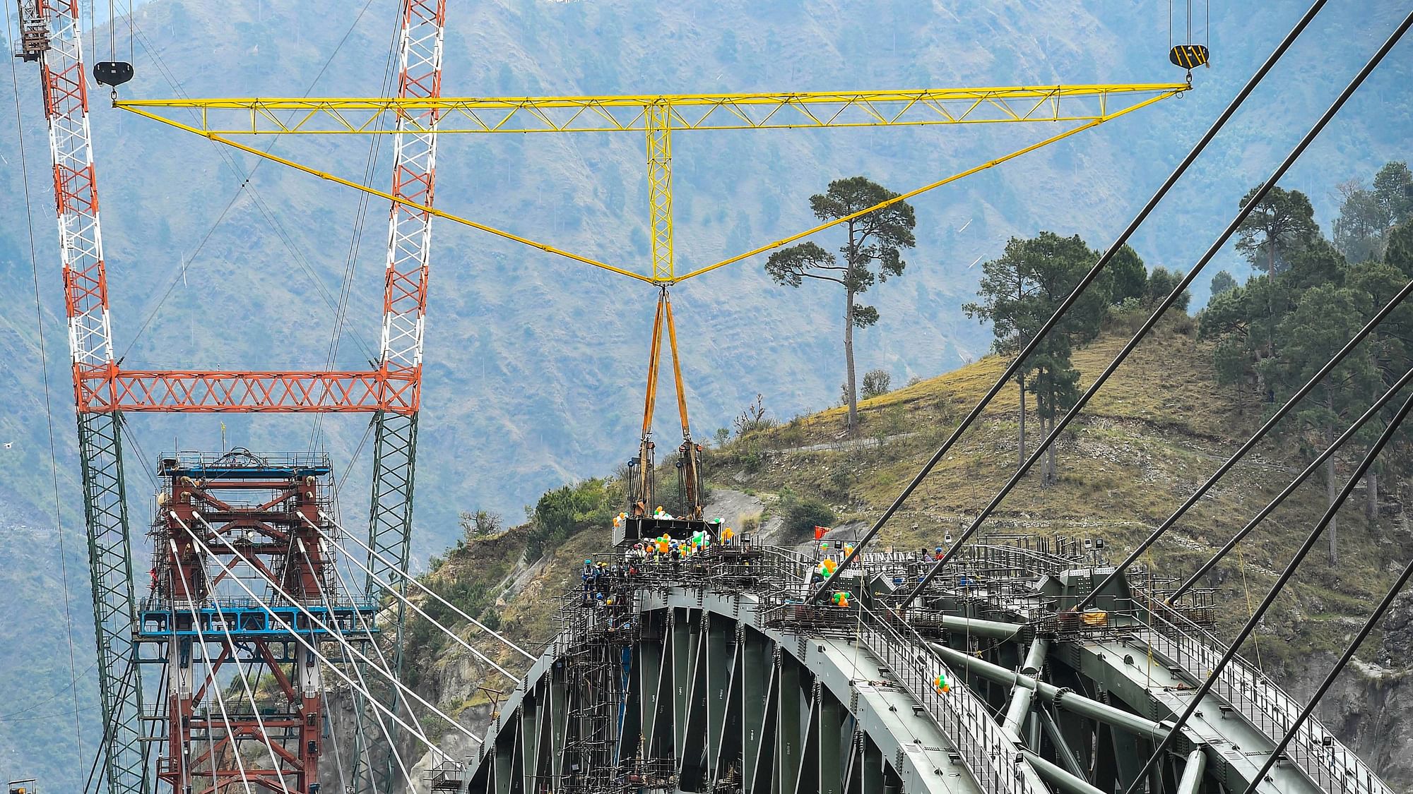 Construction of the arch for the world’s highest railway bridge, over river Chenab nears completion, in Chenab, Monday, 5 April, 2021.