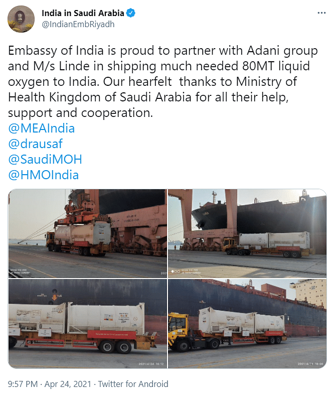 Saudi Arabia has helped supply 80MT of oxygen to India. However, the video is unrelated to this shipment.
