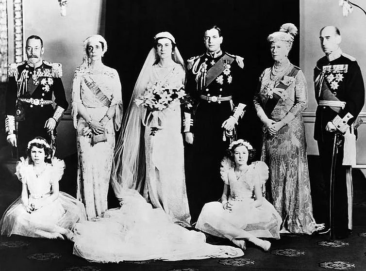 The marriage of Prince George, Duke of Kent to Princess Marina of Greece and Denmark, 1934. Seated at the front are Princess (later Queen) Elizabeth and Lady Mary Cambridge. 