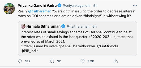 Order to Cut Interest Rates on Small Savings Reversed: Sitharaman
