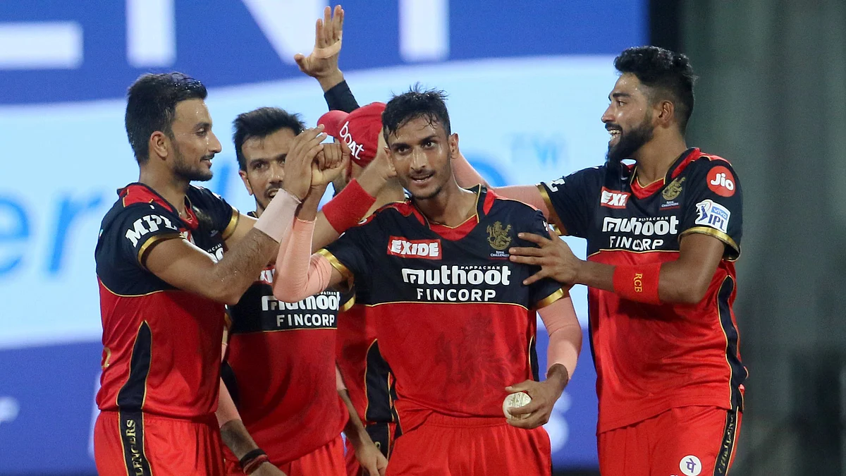 Shahbaz Ahmed celebrates a wicket during Royal Challengers Bangalore’s match against Sunrisers Hyderabad.