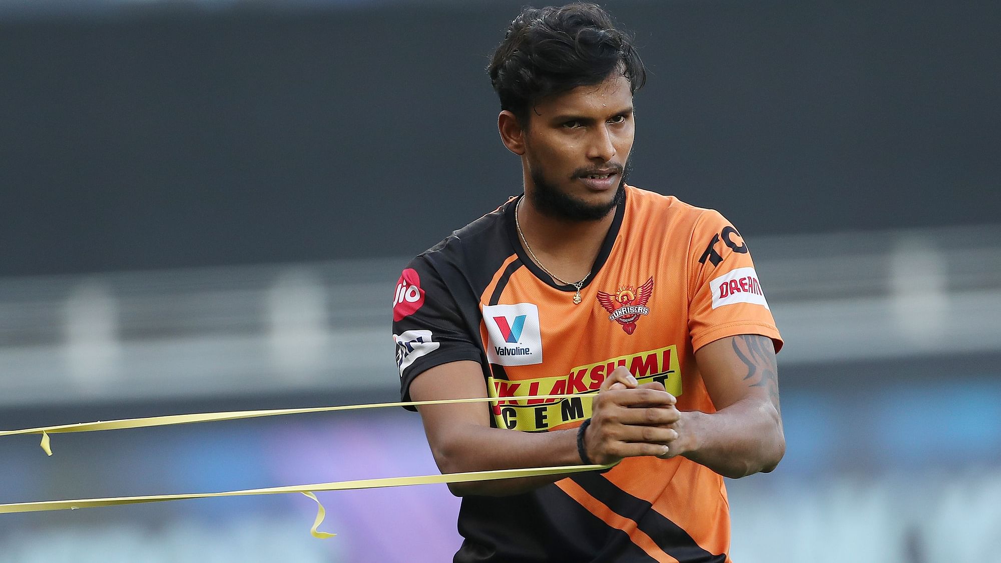 T Natarajan during a training session for SRH in IPL 2020.&nbsp;