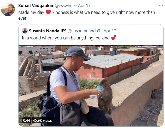 Videos of a man offering water to monkeys and a man giving his only mask to a dog have gone viral on social media.