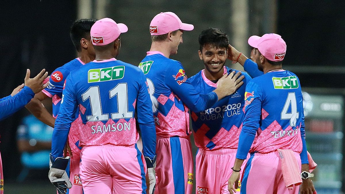 Chetan Sakariya of Rajasthan Royals celebrates after takes a wicket of Mayank Agarwal of Punjab Kings during match 4 of the Vivo Indian Premier League 2021.