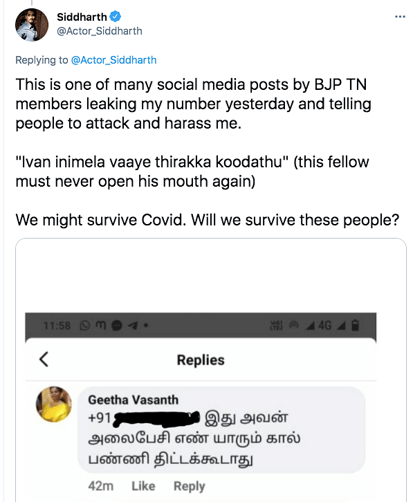 The actor also posted a screenshot of a TN BJP member asking people to 'harass' him.