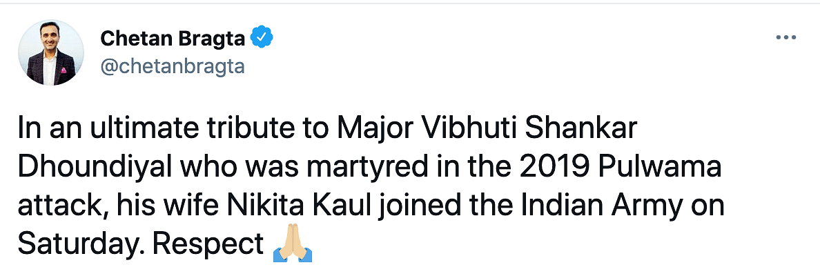 Nitika Kaul is the wife of late Major Vibhuti Dhoundiyal who was killed in the 2019 encounter with JeM terrorists.