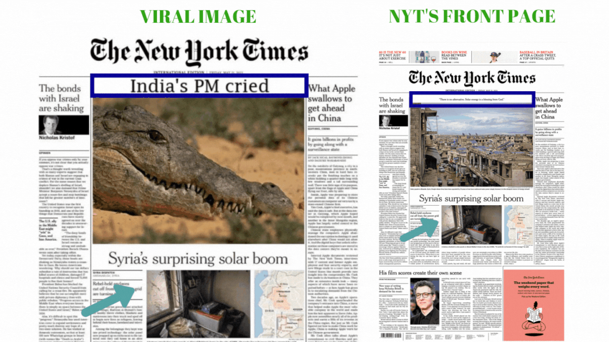 Left: Viral image. Right: NYT’s front page of official international edition.