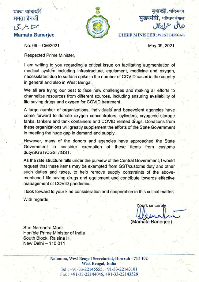 Mamata Banerjee had asked PM to  augment supplies of COVID-related medicines and oxygen in Bengal.
