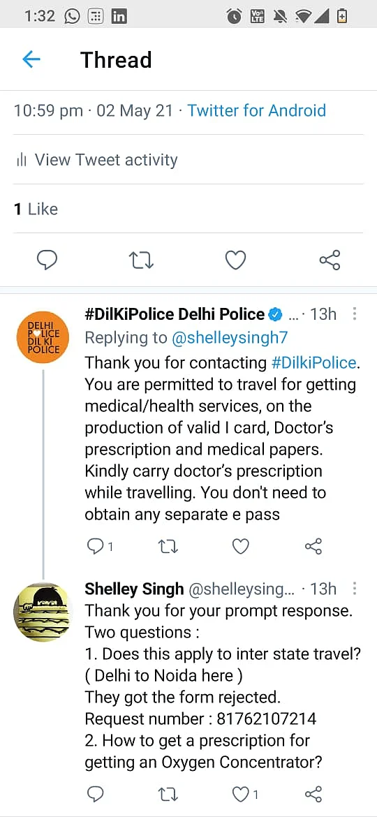 Delhi Police’s reply to Kanika’s friend’s tweet.