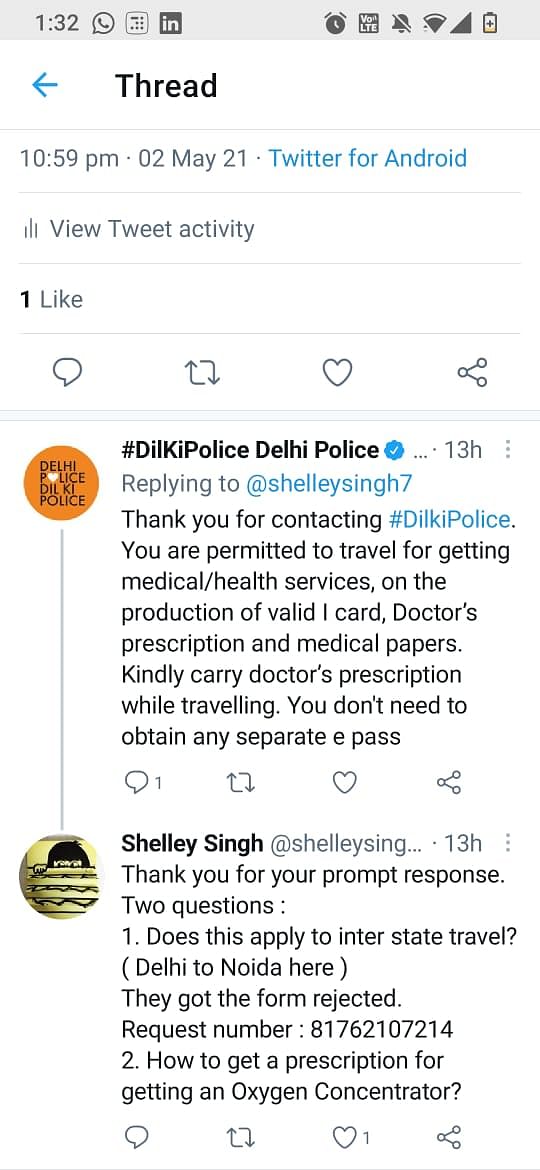 On Twitter, the Delhi Police replied that no pass was needed for medical emergencies.