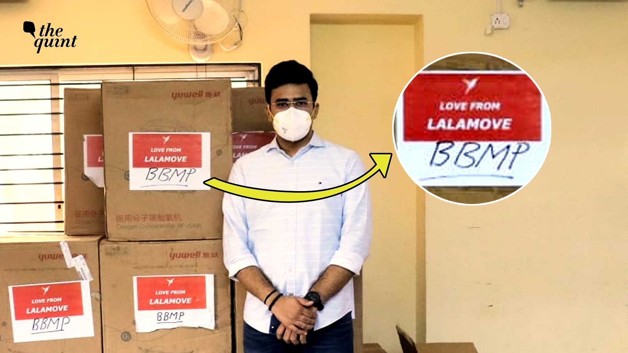 <div class="paragraphs"><p>Karnataka's BJP MP Tejasvi Surya tweeted a photo of himself with an oxygen concentrator consignment from Lalamove, a Chinese app banned by the Indian Government.</p></div>