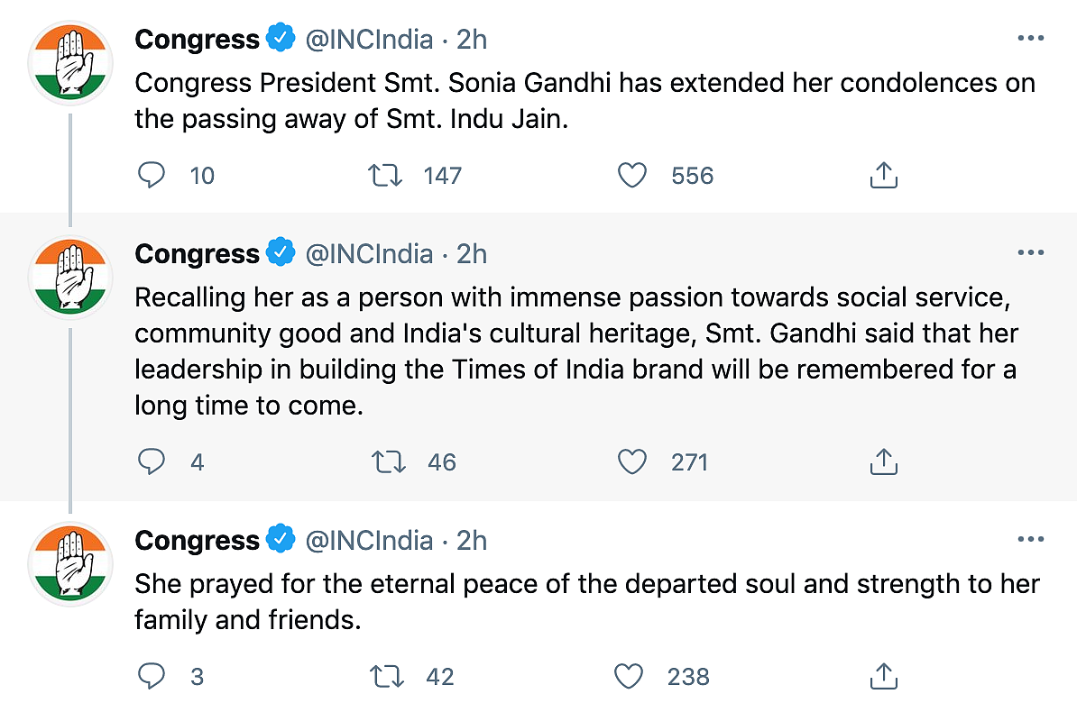 Times Group Chairperson Indu Jain Passes Away, Tributes Pour In