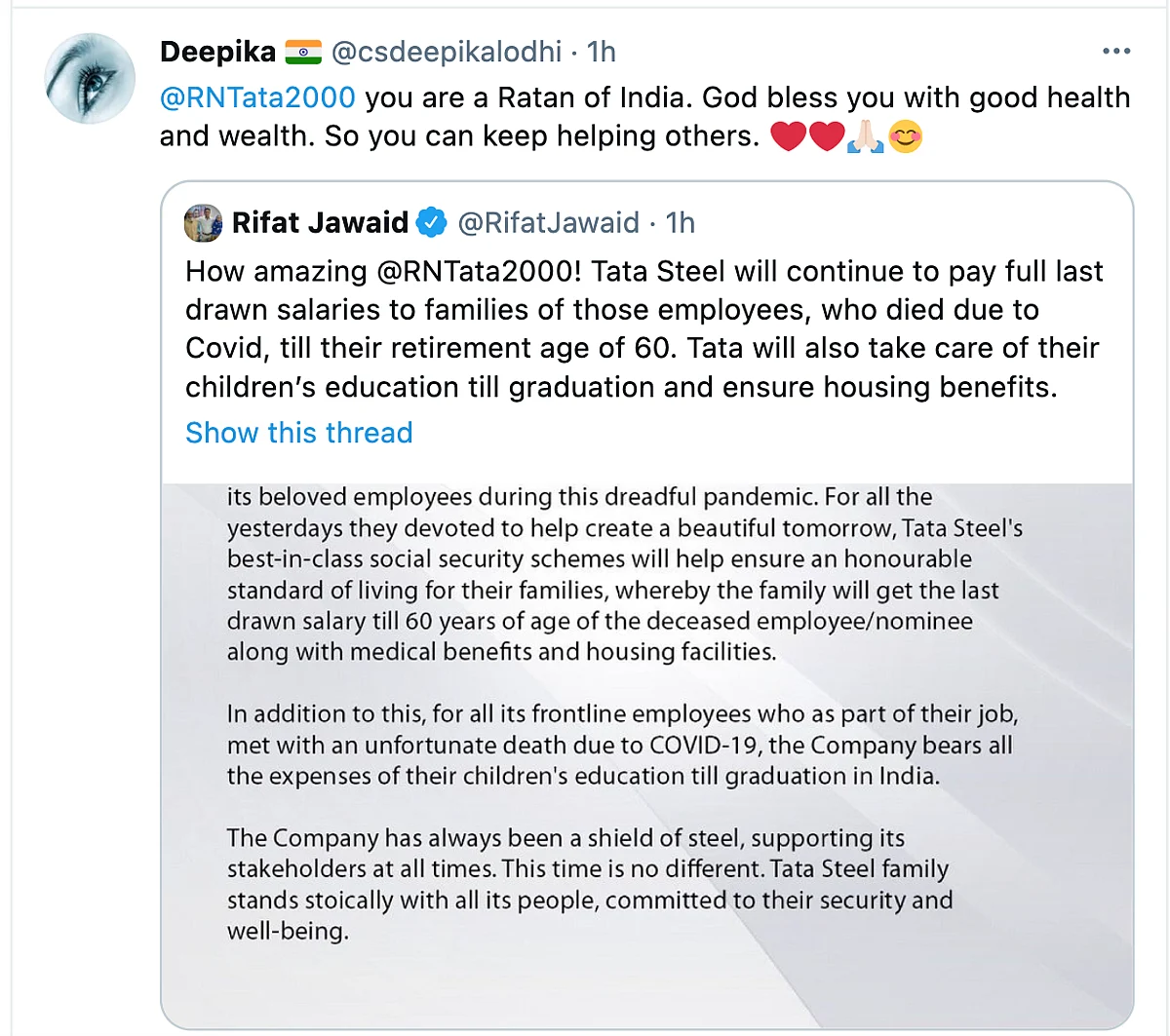 Tata Steel's New COVID-19 Healthcare Policy Wins Hearts on Twitter