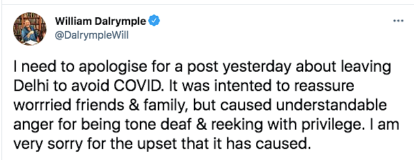 Dalrymple Apologises For Post About 'Leaving Delhi to Avoid COVID'