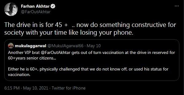 A Twitter user accused him of using his popularity to get vaccinated 