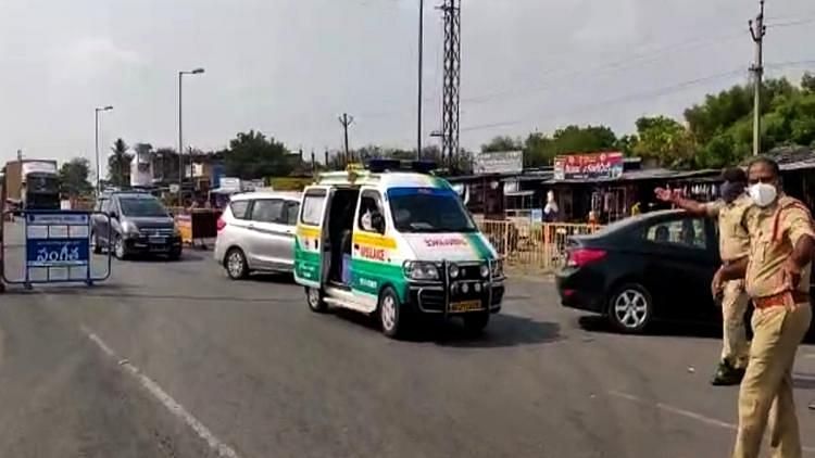 Ambulances, cars stranded at the Andhra Pradesh-Telangana border last week.