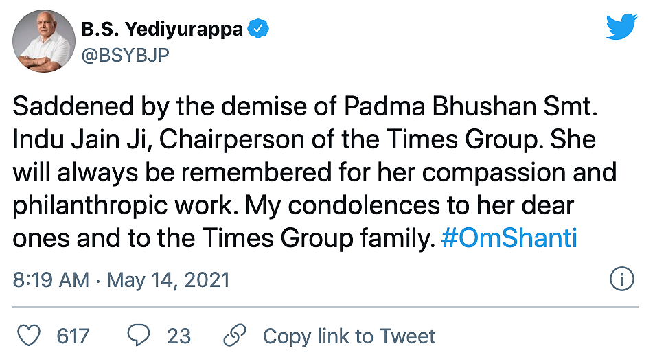 Times Group Chairperson Indu Jain Passes Away, Tributes Pour In