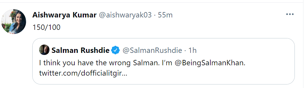 A user on Twitter confused politician Salman Khurshid with author Salman Rushdie.