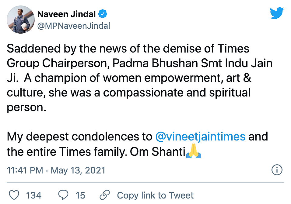 Times Group Chairperson Indu Jain Passes Away, Tributes Pour In