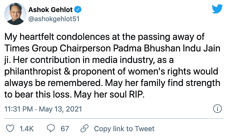 Times Group Chairperson Indu Jain Passes Away, Tributes Pour In
