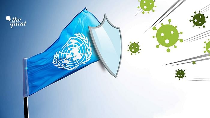Image of UN flag and illustration of the coronavirus used for representational purposes.