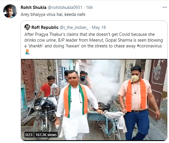BJP leader Gopal Sharma from Meerut received flak on Twitter for his practices to supposedly end COVID-19.