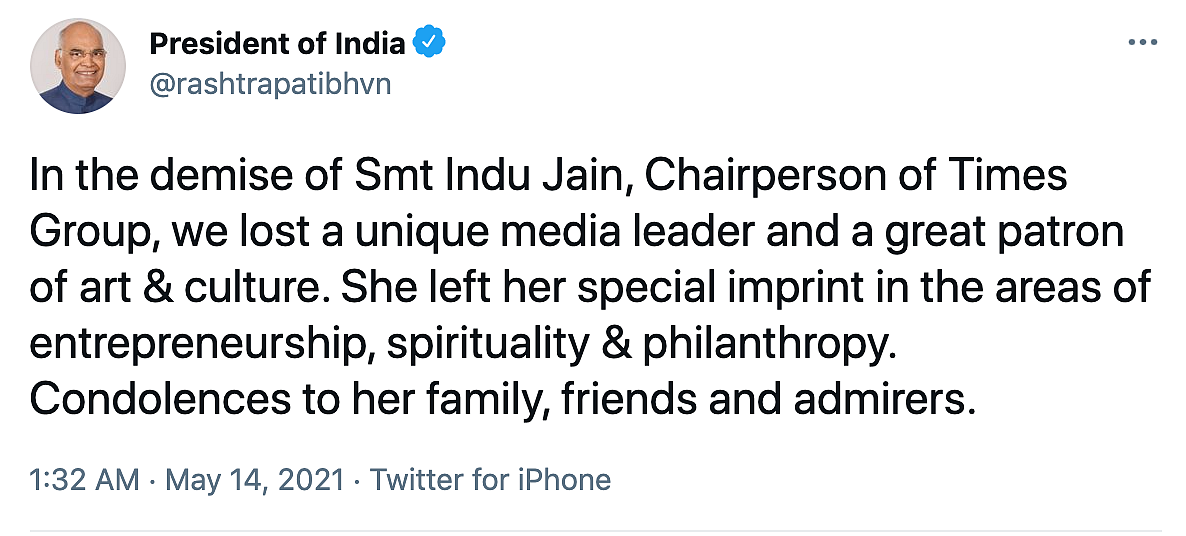 Times Group Chairperson Indu Jain Passes Away, Tributes Pour In