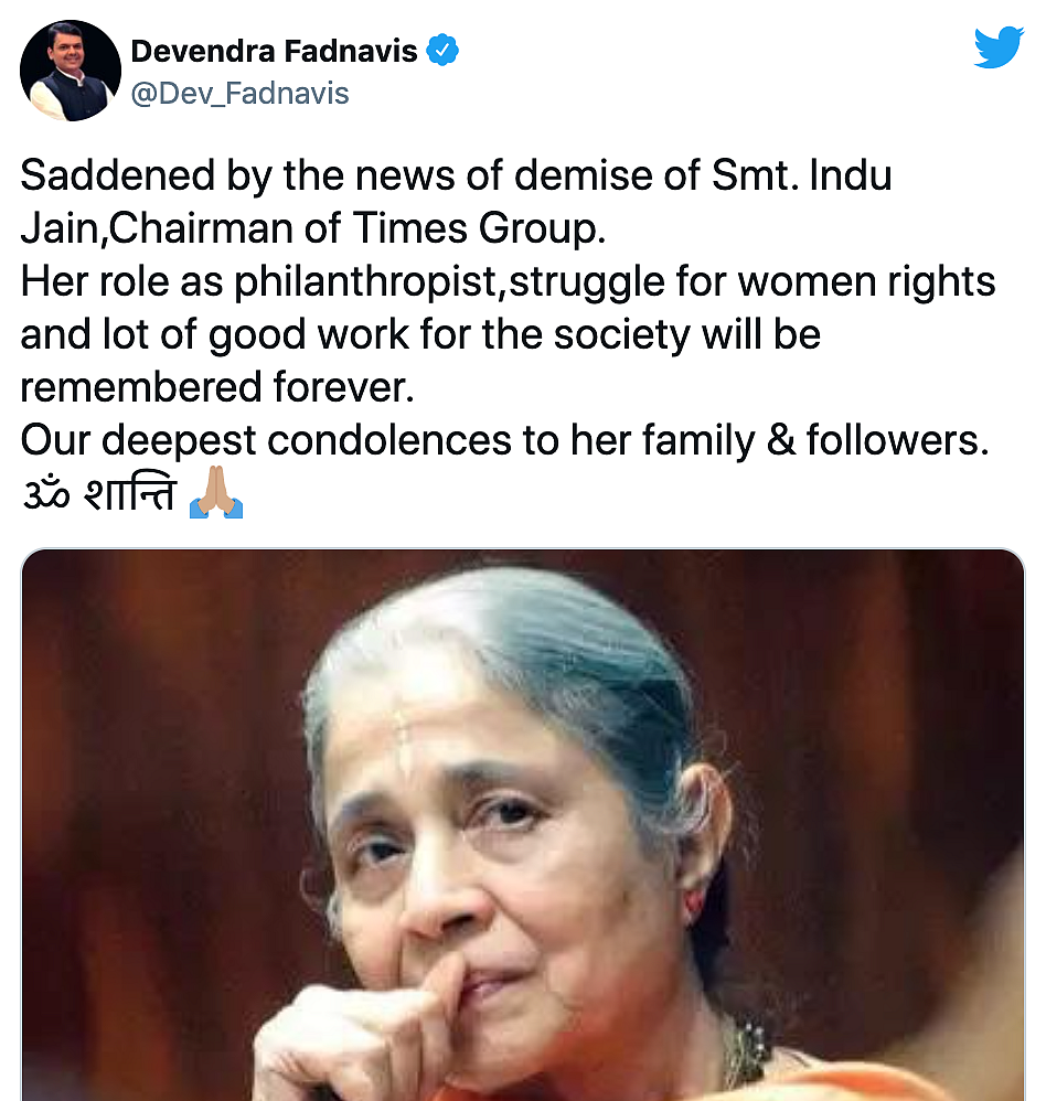 Times Group Chairperson Indu Jain Passes Away, Tributes Pour In