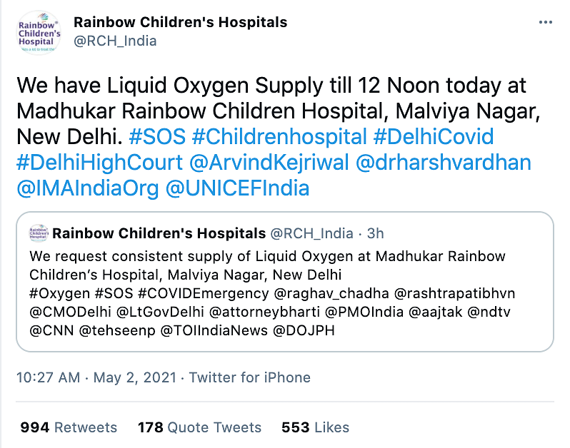 On 2 May, a children’s hospital in Delhi issued an SOS call stating that it had oxygen supply only till 12 noon.