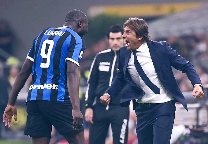 Romelu Lukaku and Antonio Conte in celebratory mood. 