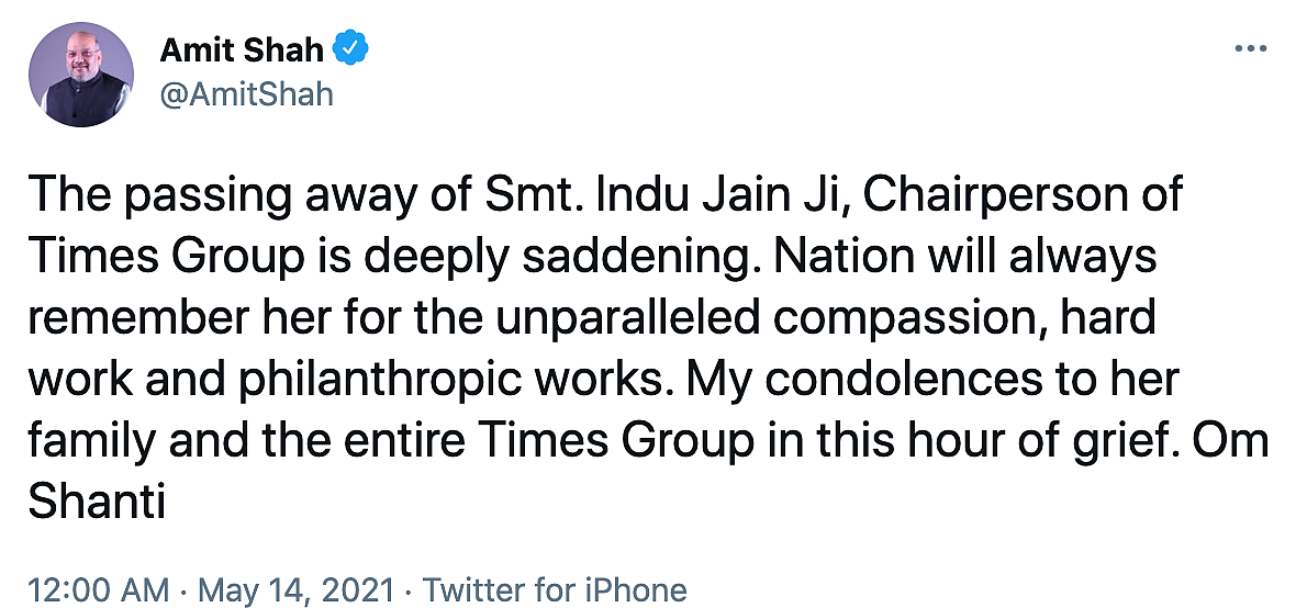 Times Group Chairperson Indu Jain Passes Away, Tributes Pour In