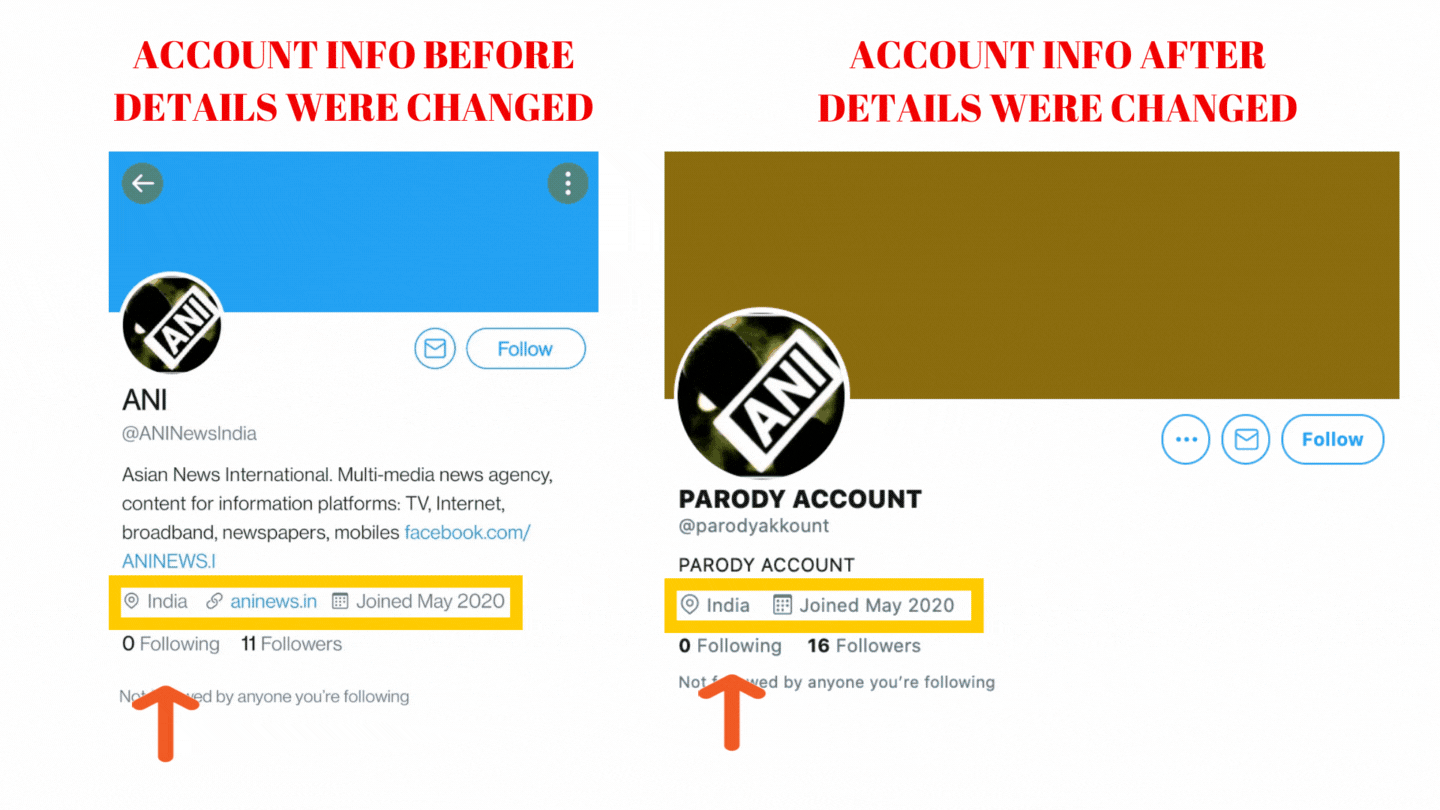 Left: Account information before details were changed. Right: Account information after details were changed.