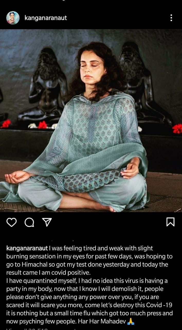 Kangana Ranaut shared her COVID diagnosis on 8 May, but Instagram deleted the post as it appeared to be tone deaf.