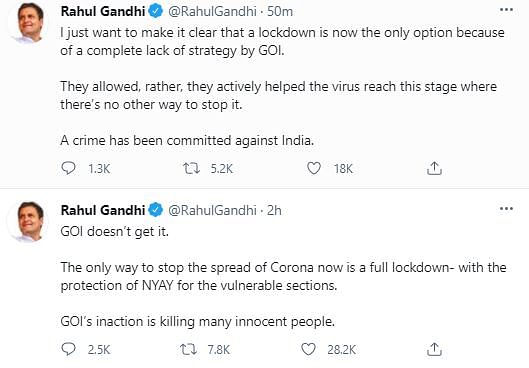  The Centre “actively helped the virus reach this stage where there’s no other way to stop it,” Gandhi tweeted. 